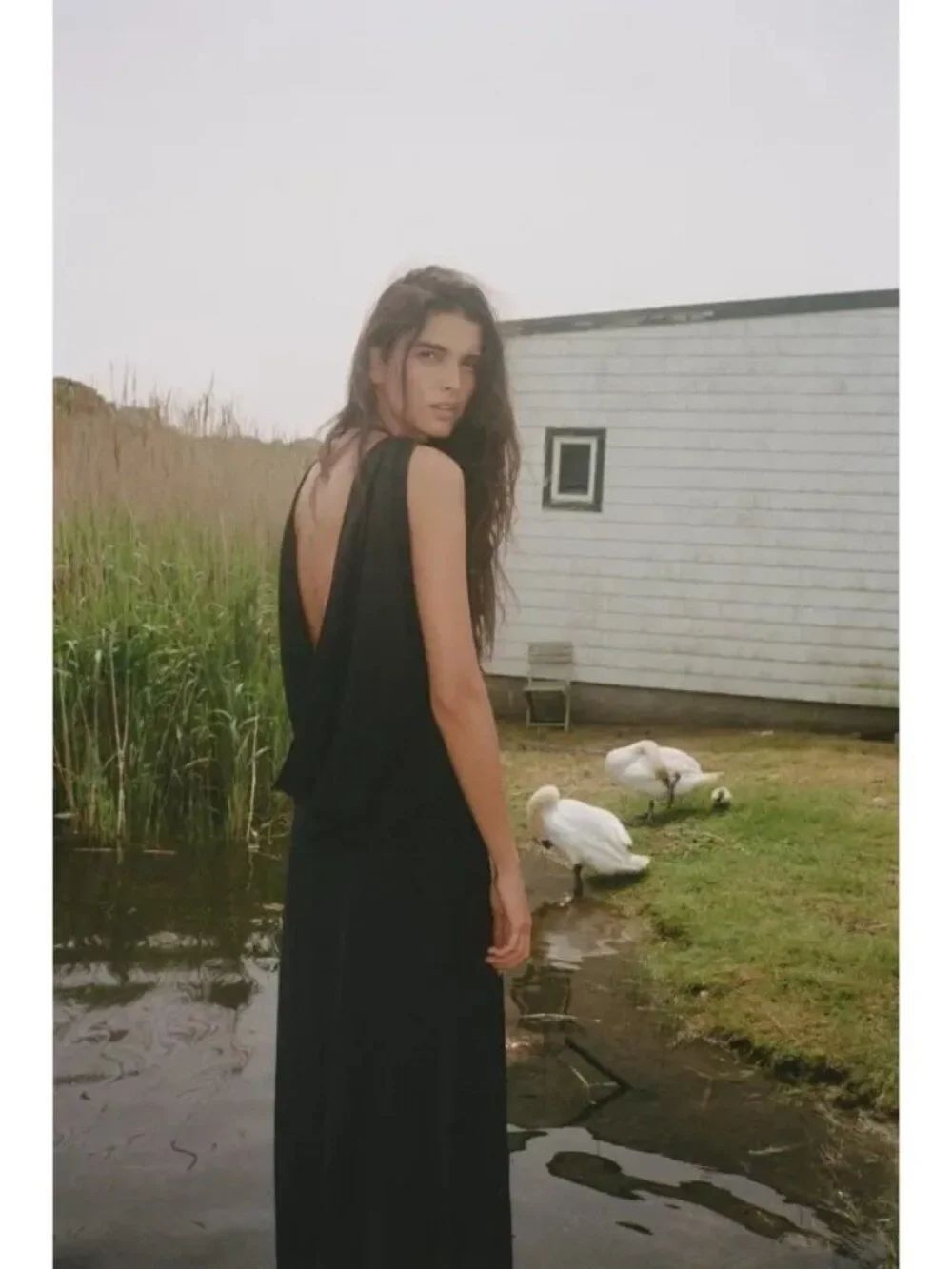 Zara Womens Long Dress Large Black Open Back Draped Neck Slit Back 3067/212 NWT